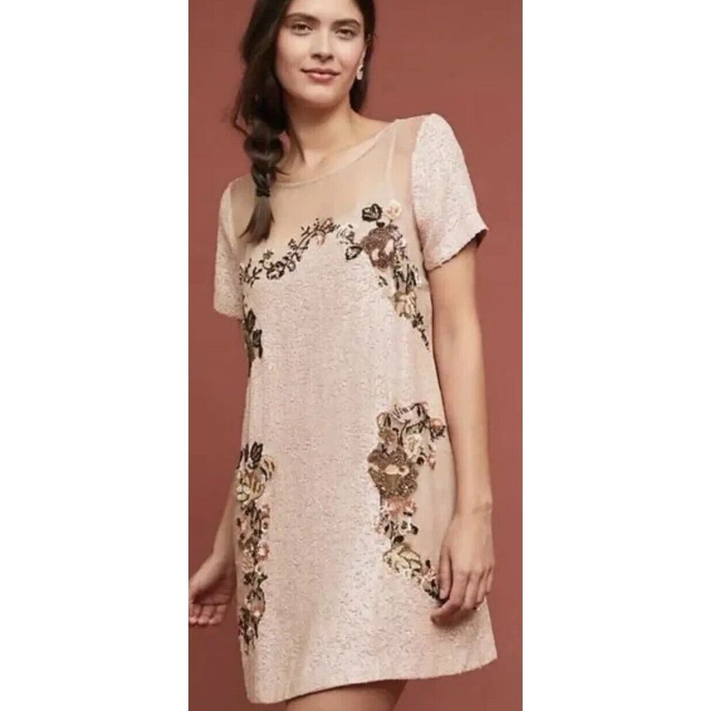 $488 Anthropologie Let Me Be Mini Dress Sequins Sz M Petite Pink NWT